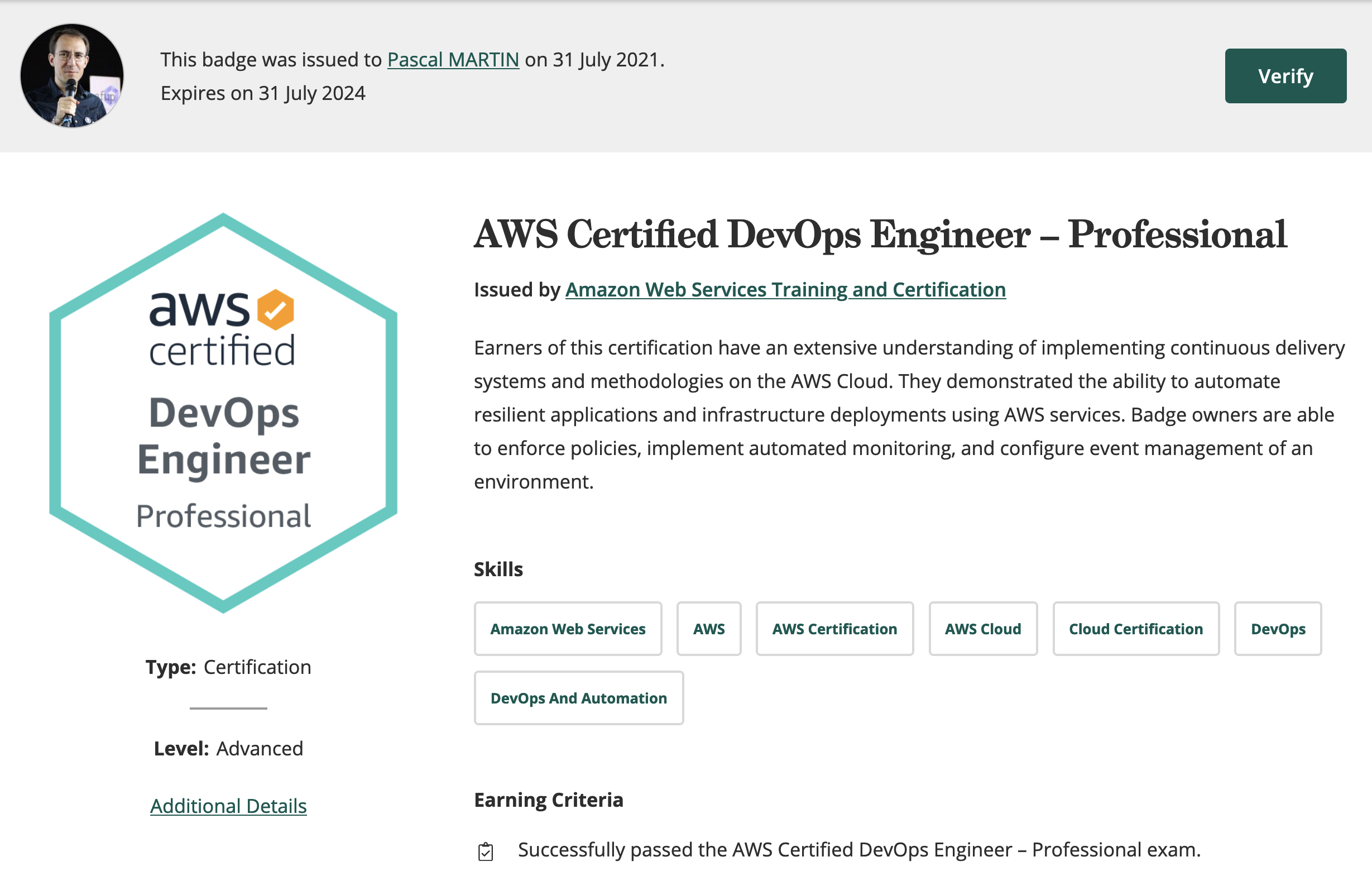 Mon badge « AWS Certified DevOps Engineer – Professional »